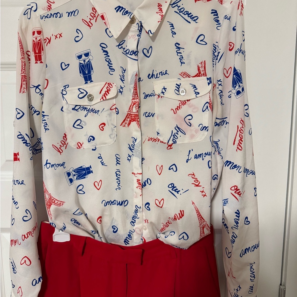 Karl Lagerfeld White and Red Graphic Blouse with Aritzia pants